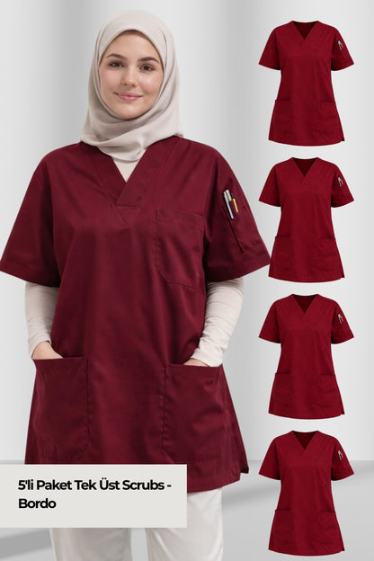 5'li Paket Tek Üst 4 Cepli Scrubs Forma