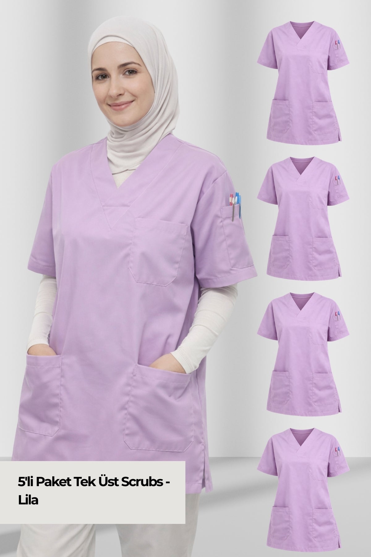 5'li Paket Tek Üst 4 Cepli Scrubs Forma