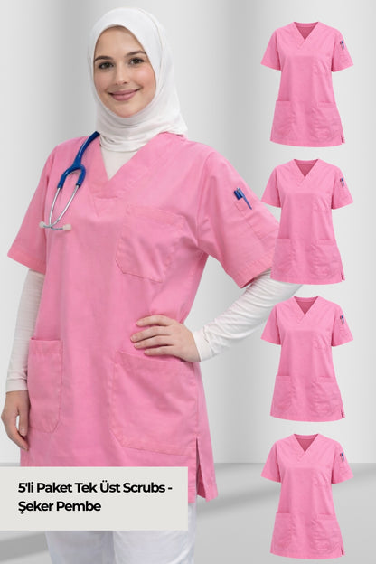 5'li Paket Tek Üst 4 Cepli Scrubs Forma