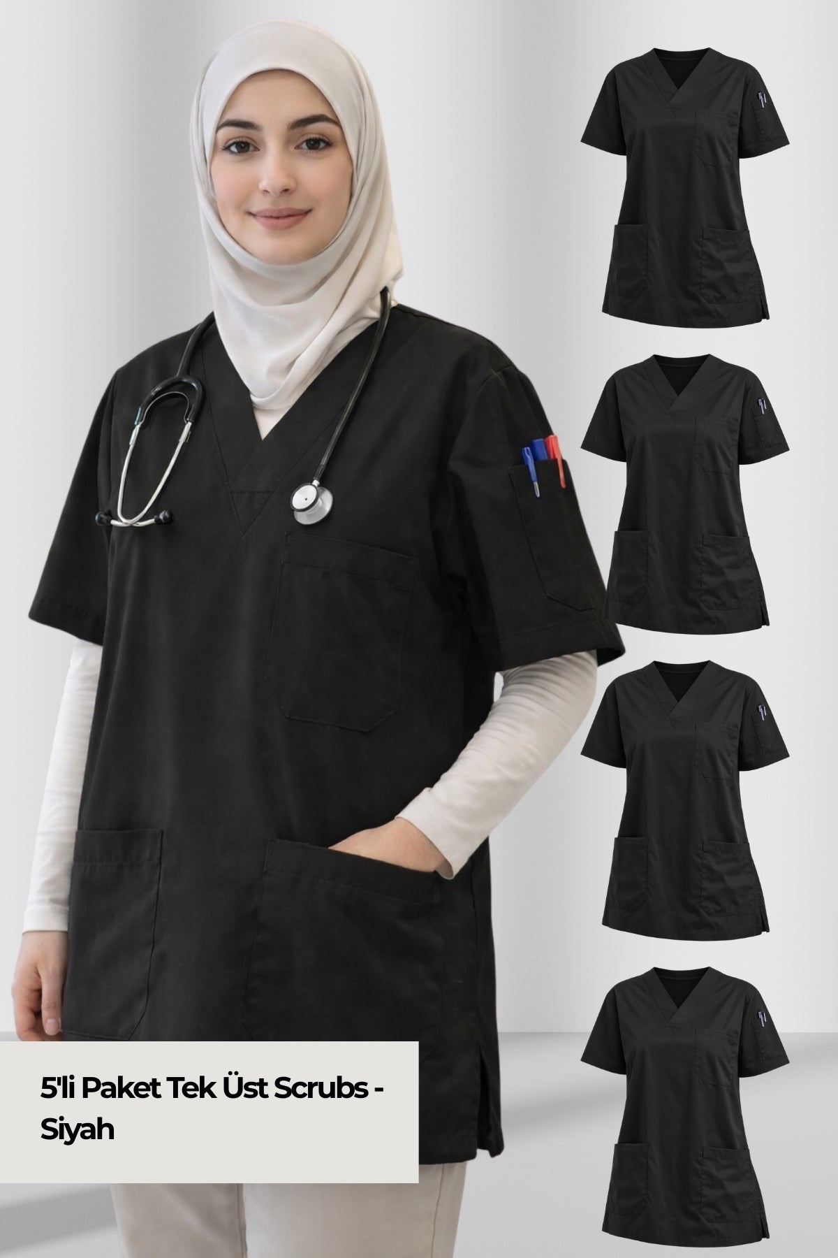 5'li Paket Tek Üst 4 Cepli Scrubs Forma