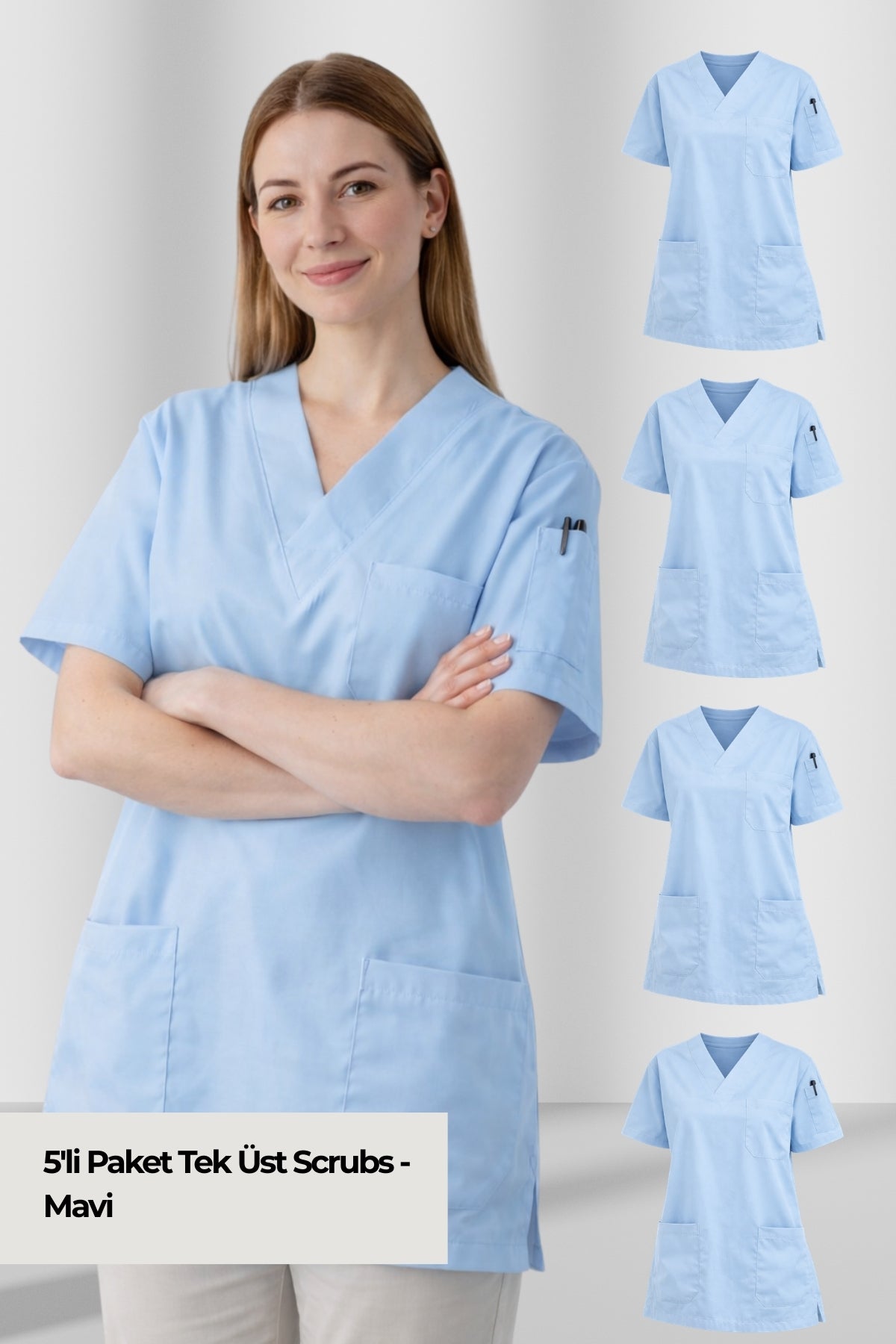 5'li Paket Tek Üst 4 Cepli Scrubs Forma