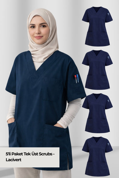 5'li Paket Tek Üst 4 Cepli Scrubs Forma