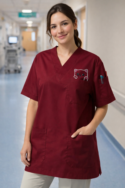 Pawline Premium Scrubs Forma Sevimli Kedi - Bordo