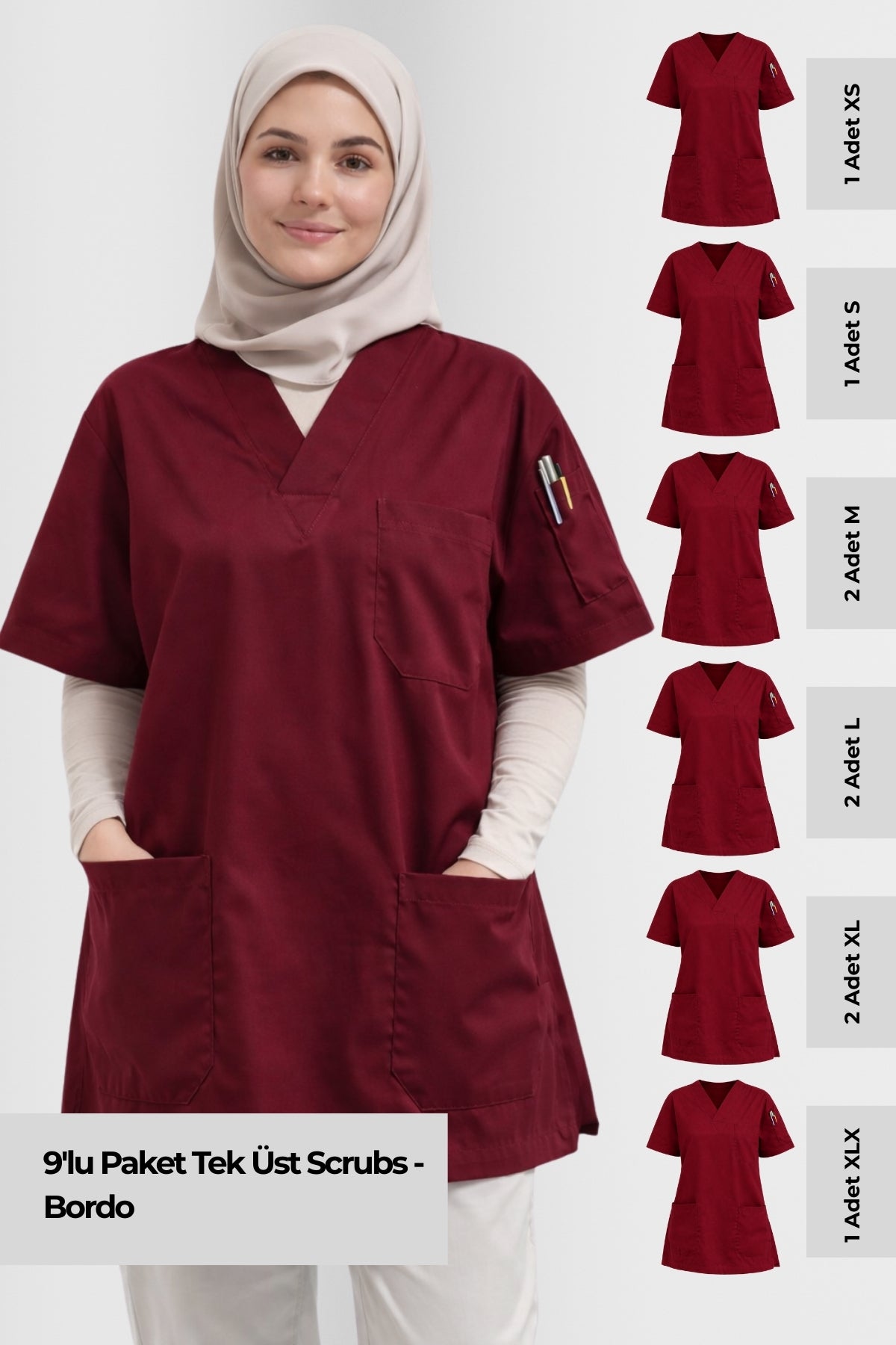 9'lu Paket Tek Üst 4 Cepli Scrubs Forma