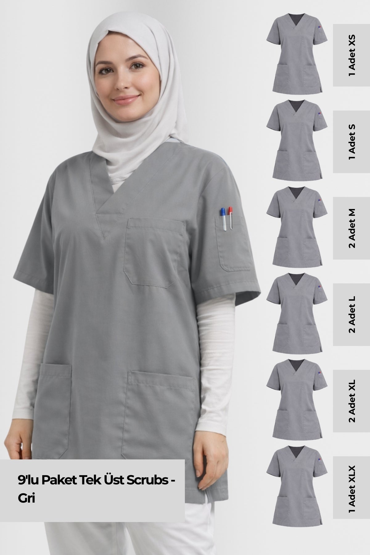 9'lu Paket Tek Üst 4 Cepli Scrubs Forma