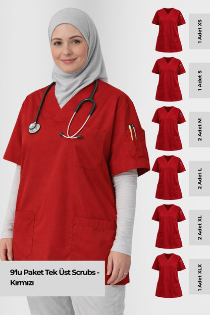 9'lu Paket Tek Üst 4 Cepli Scrubs Forma