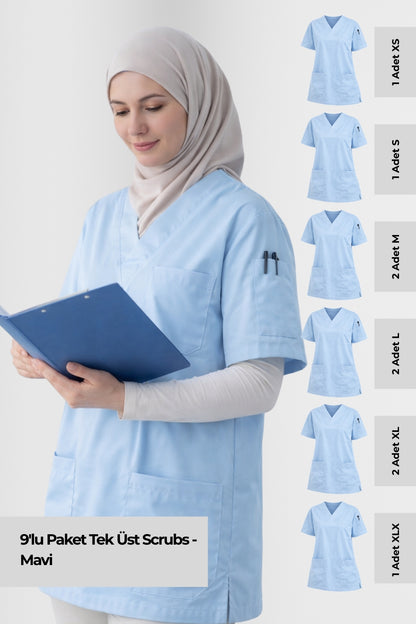 9'lu Paket Tek Üst 4 Cepli Scrubs Forma
