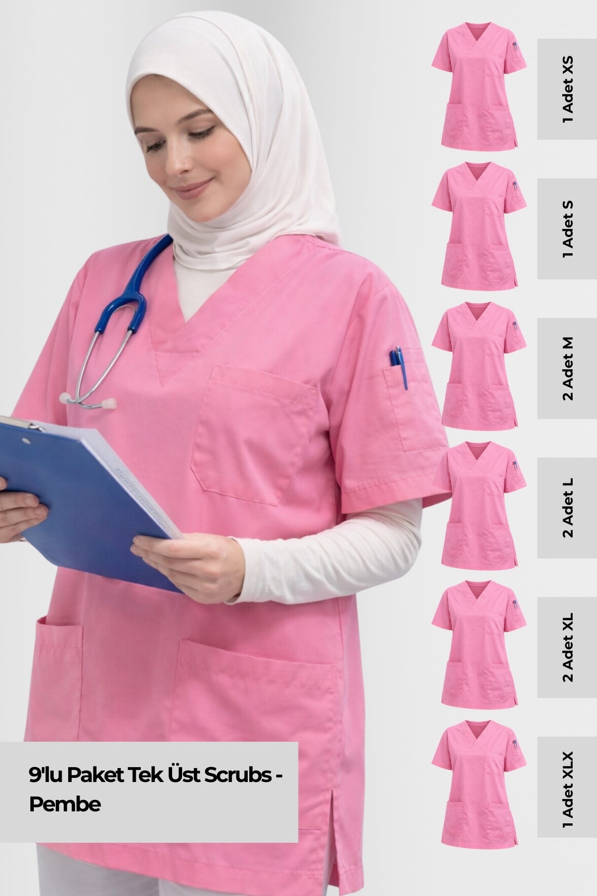 9'lu Paket Tek Üst 4 Cepli Scrubs Forma
