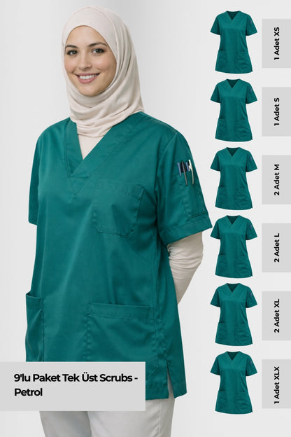 9'lu Paket Tek Üst 4 Cepli Scrubs Forma