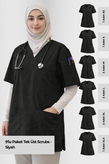 9'lu Paket Tek Üst 4 Cepli Scrubs Forma