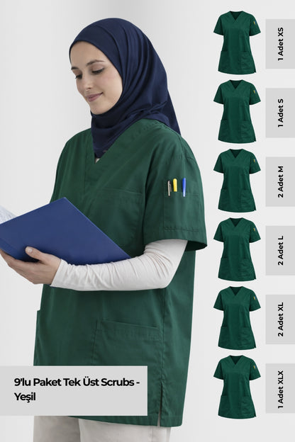 9'lu Paket Tek Üst 4 Cepli Scrubs Forma