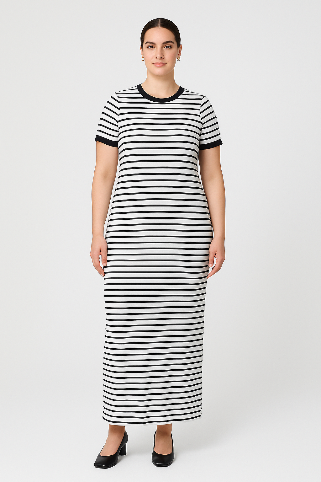 Büyük Beden Kısa Kollu Fitilli Elbise - Siyah Beyaz Çizgili