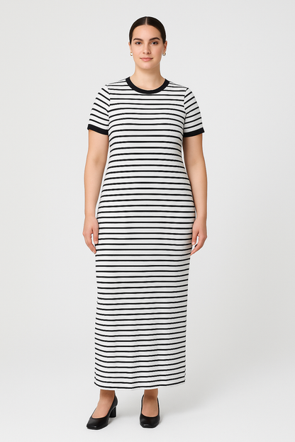 Büyük Beden Kısa Kollu Fitilli Elbise - Siyah Beyaz Çizgili