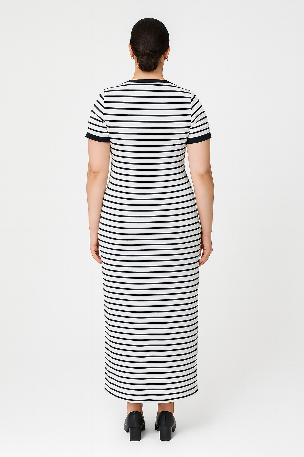 Büyük Beden Kısa Kollu Fitilli Elbise - Siyah Beyaz Çizgili