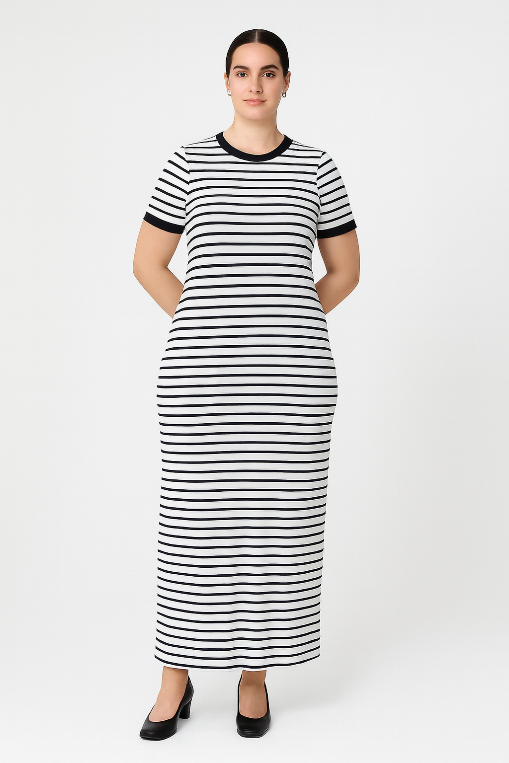 Büyük Beden Kısa Kollu Fitilli Elbise - Siyah Beyaz Çizgili