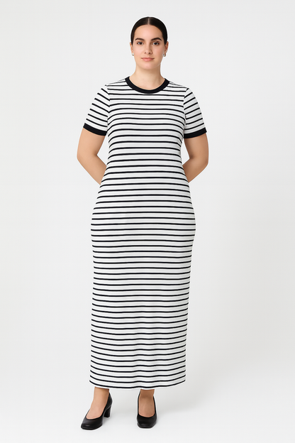 Büyük Beden Kısa Kollu Fitilli Elbise - Siyah Beyaz Çizgili