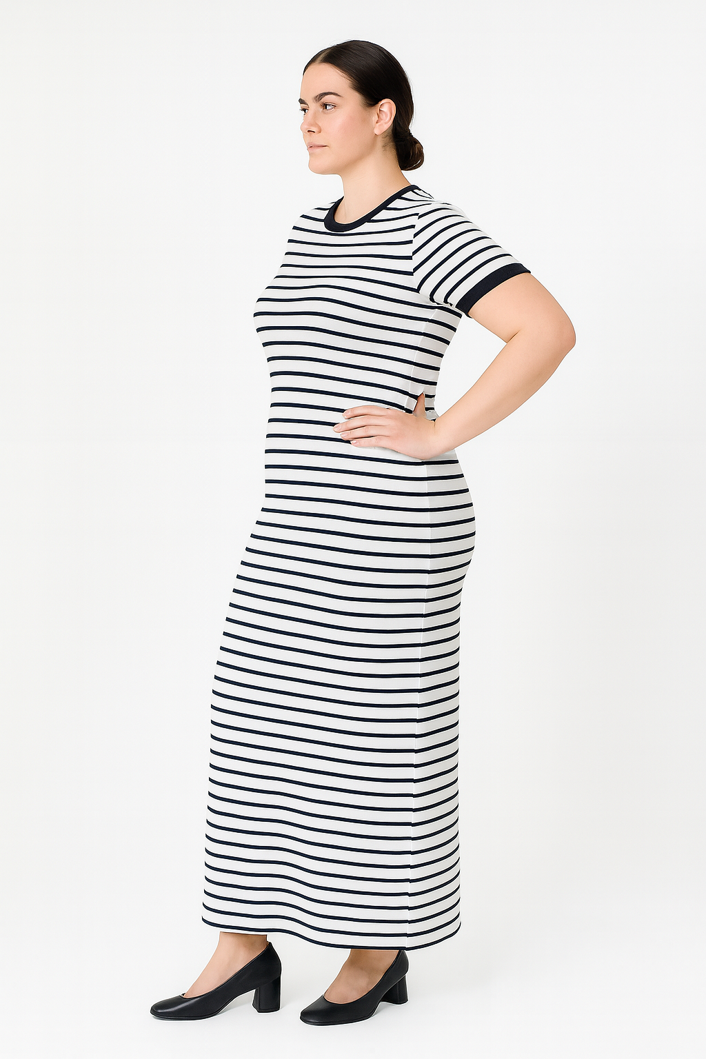 Büyük Beden Kısa Kollu Fitilli Elbise - Siyah Beyaz Çizgili