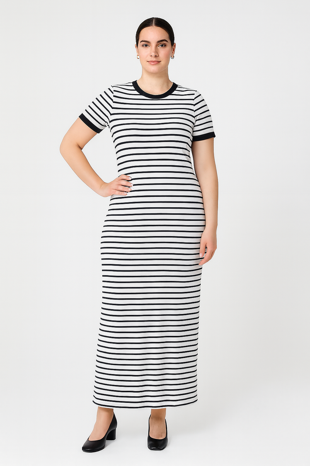 Büyük Beden Kısa Kollu Fitilli Elbise - Siyah Beyaz Çizgili