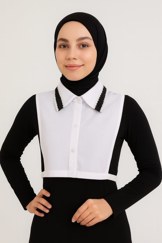 Dantel ve Deri Detay Gömlek Yakası - Beyaz