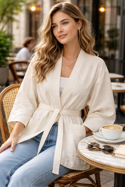 جاكيت كيمونو من القطن الخام - كريمي