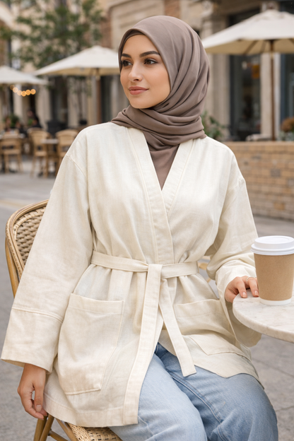 جاكيت كيمونو من القطن الخام - كريمي