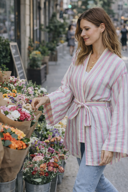 كيمونو منسوج يدويًا - وردي أزرق