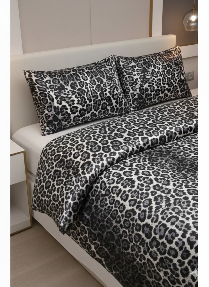 Leopar Desenli %100 Pamuk Saten Çift Kişilik Nevresim Takımı - Siyah Beyaz