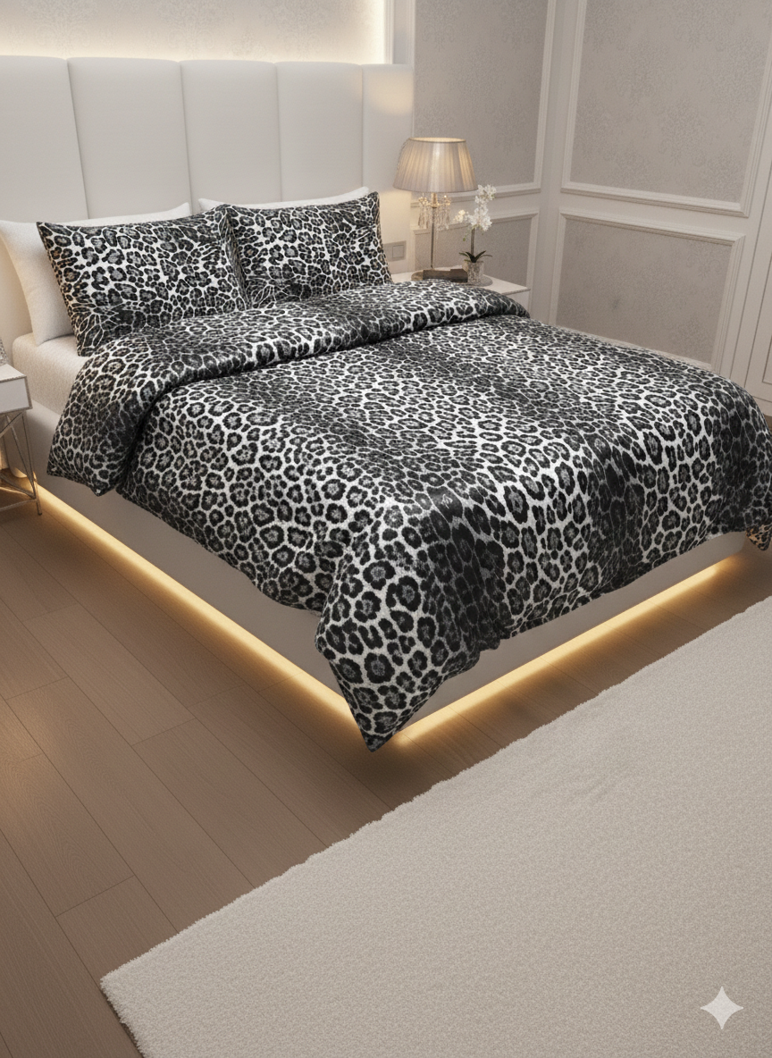 Leopar Desenli %100 Pamuk Saten Çift Kişilik Nevresim Takımı - Siyah Beyaz