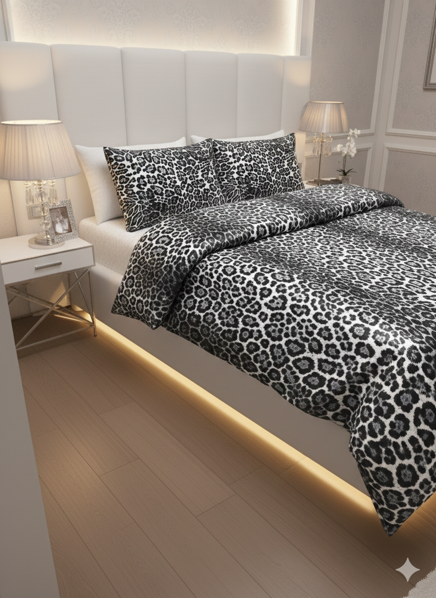Leopar Desenli %100 Pamuk Saten Çift Kişilik Nevresim Takımı - Siyah Beyaz