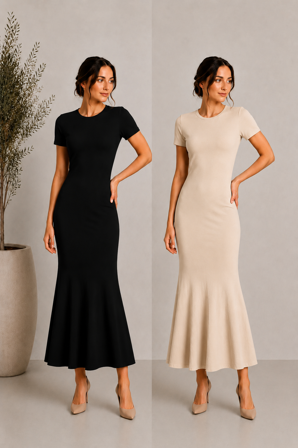2'li paket kadın fit elbise siyah ve bej