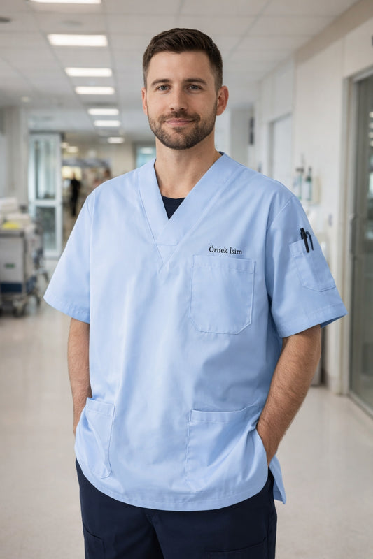 Personalized Men's Single Top 4-Pocket Scrubs Jersey - Blue