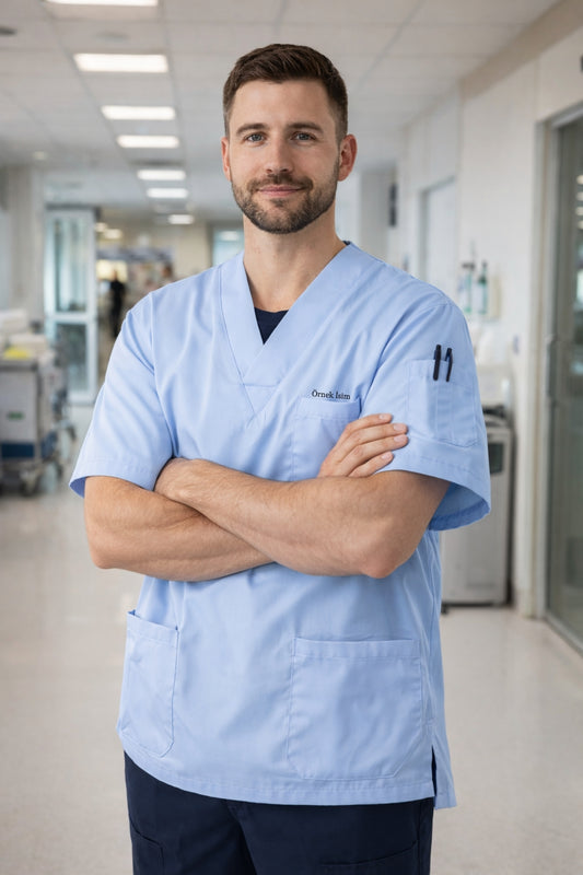 Personalized Men's Single Top 4-Pocket Scrubs Jersey - Blue