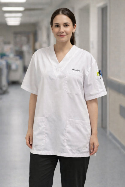 Personalized Scrubs Jersey with 4 Pockets and Name - White