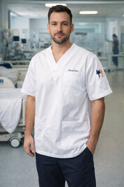 Personalized Men's Single Top 4-Pocket Scrubs Jersey - White