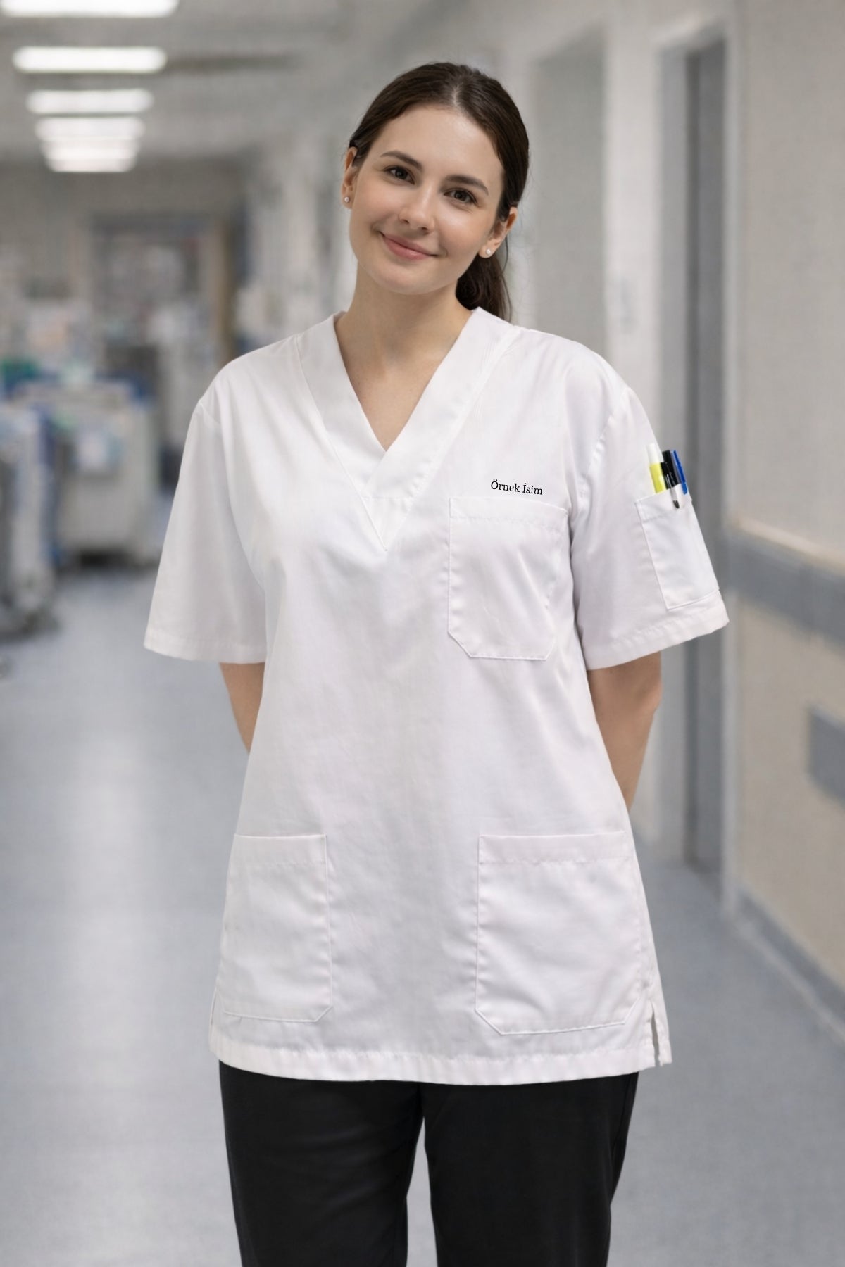 Personalized Scrubs Jersey with 4 Pockets and Name - White