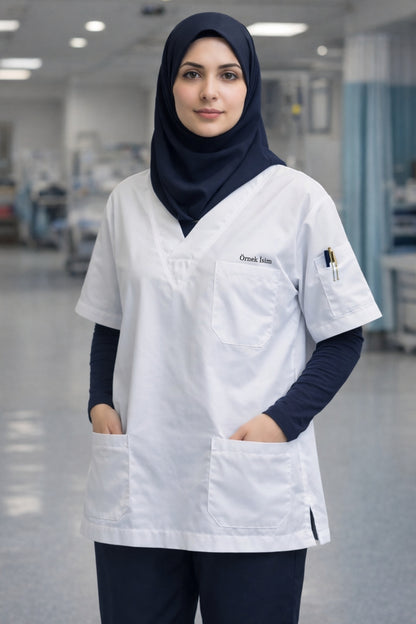 Personalized Scrubs Jersey with 4 Pockets and Name - White