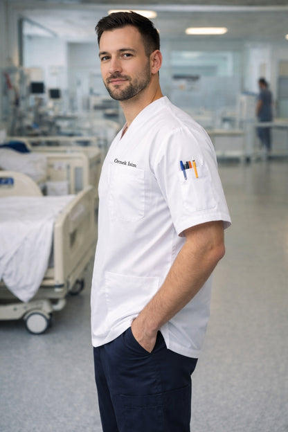 Personalized Men's Single Top 4-Pocket Scrubs Jersey - White