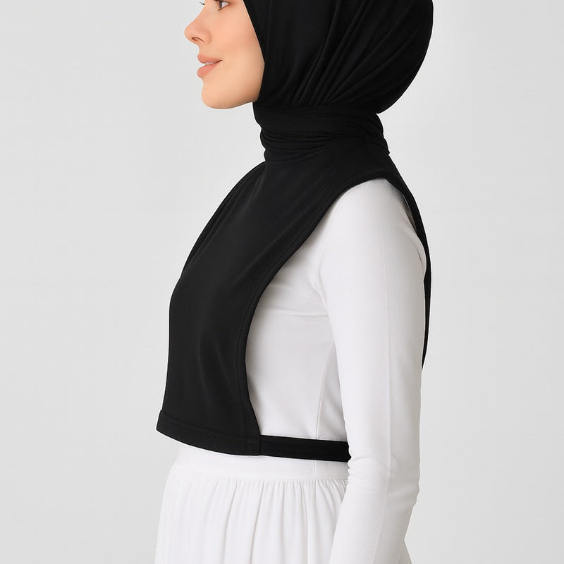 Tesettür boyunluk kolluk seti ile sade ve şık siyah kolluk modelleri kadın kombin örneği