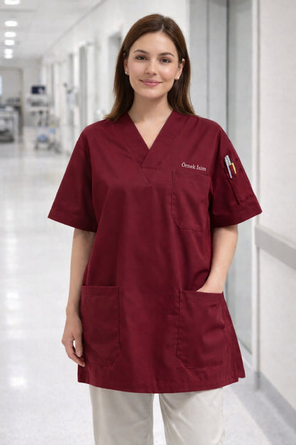 Personalized Scrubs Jersey with 4 Pockets and Custom Name - Burgundy