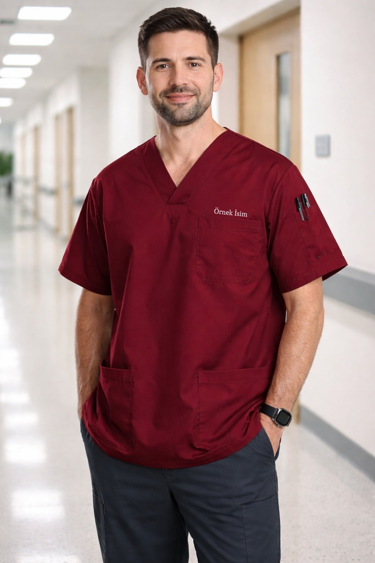 Personalized Men's Single Top 4-Pocket Scrubs Jersey - Burgundy