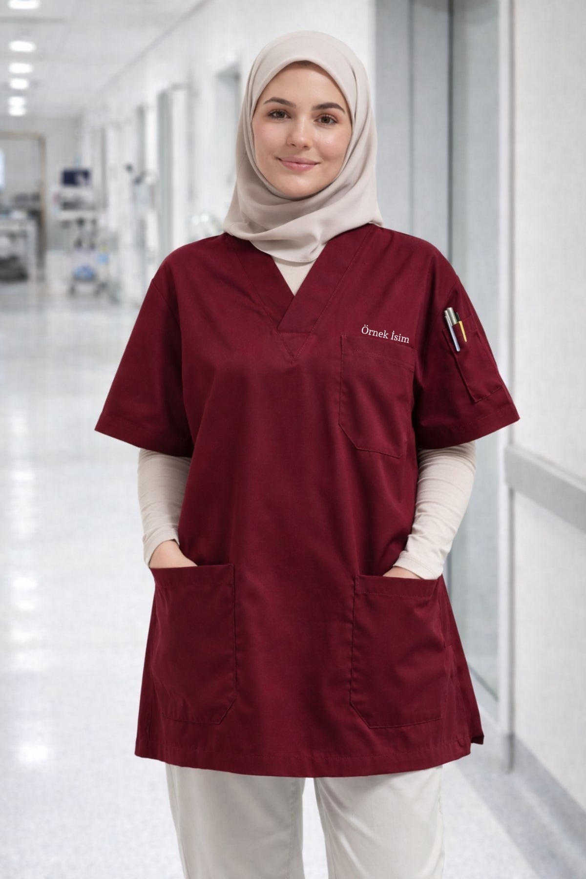 Personalized Scrubs Jersey with 4 Pockets and Custom Name - Burgundy