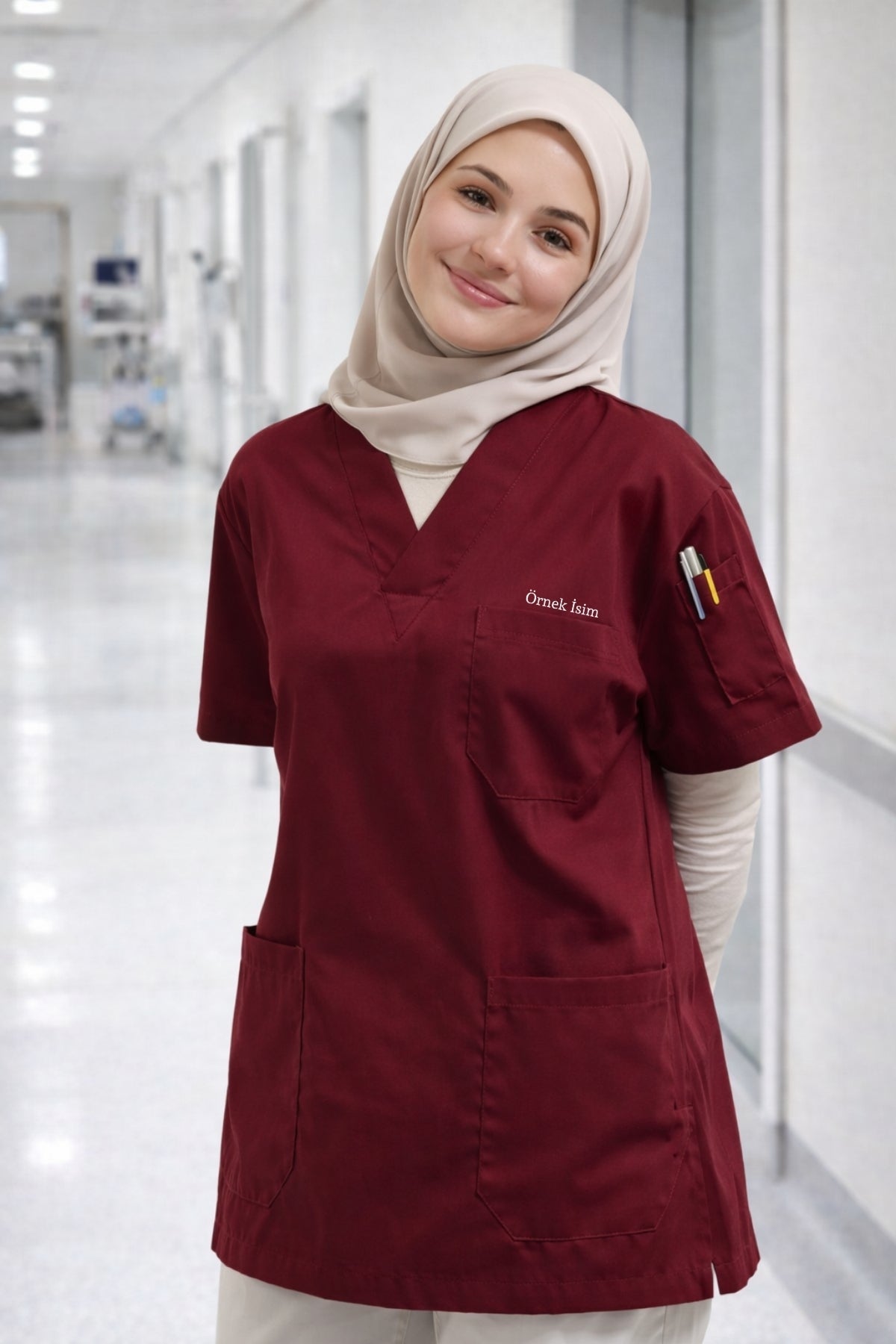 Personalized Scrubs Jersey with 4 Pockets and Custom Name - Burgundy