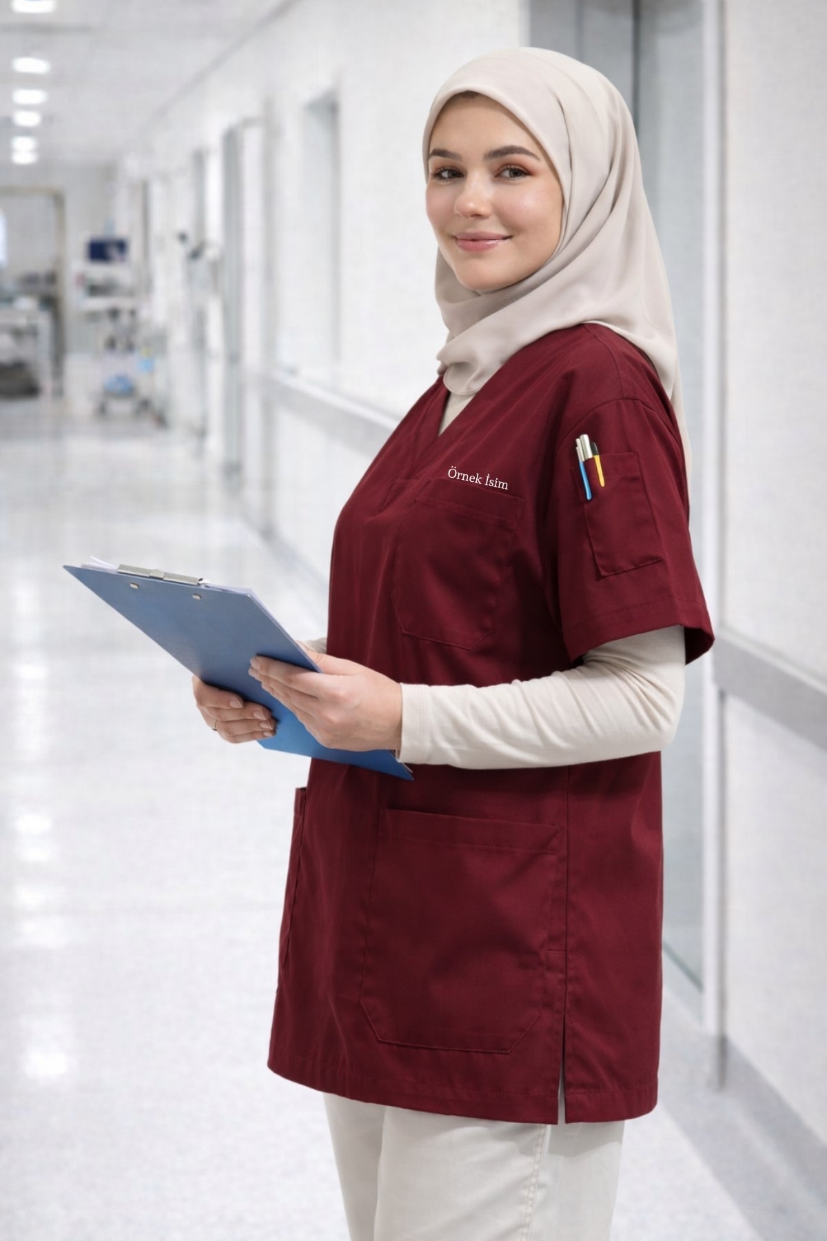 Personalized Scrubs Jersey with 4 Pockets and Custom Name - Burgundy