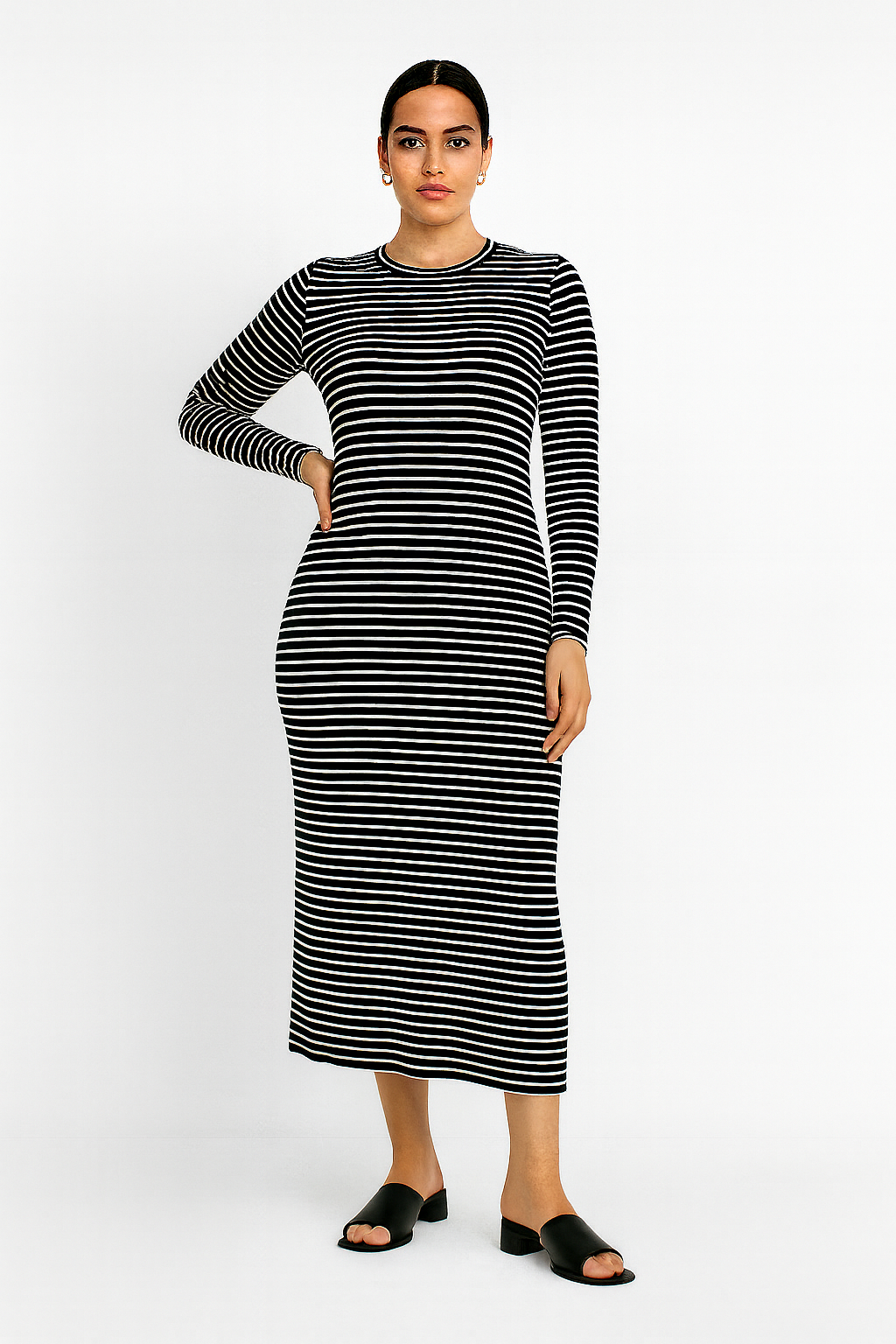 Büyük Beden Uzun Kollu Fitilli Elbise - Siyah Beyaz Çizgili