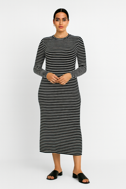 Büyük Beden Uzun Kollu Fitilli Elbise - Siyah Beyaz Çizgili