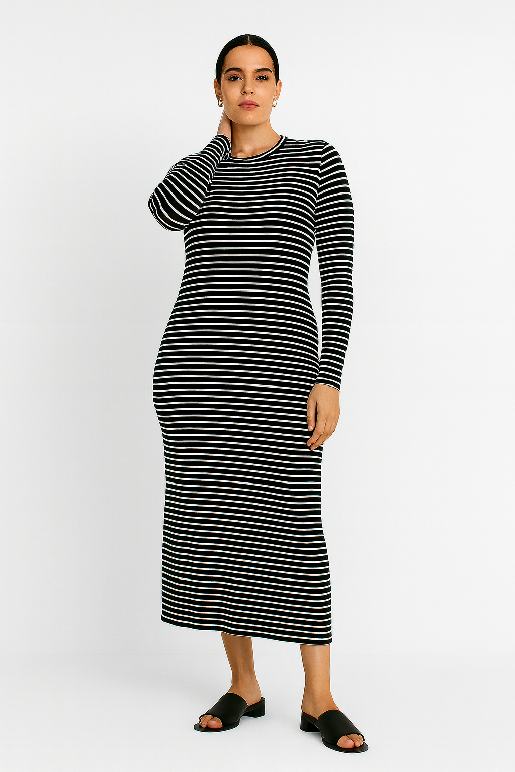 Büyük Beden Uzun Kollu Fitilli Elbise - Siyah Beyaz Çizgili