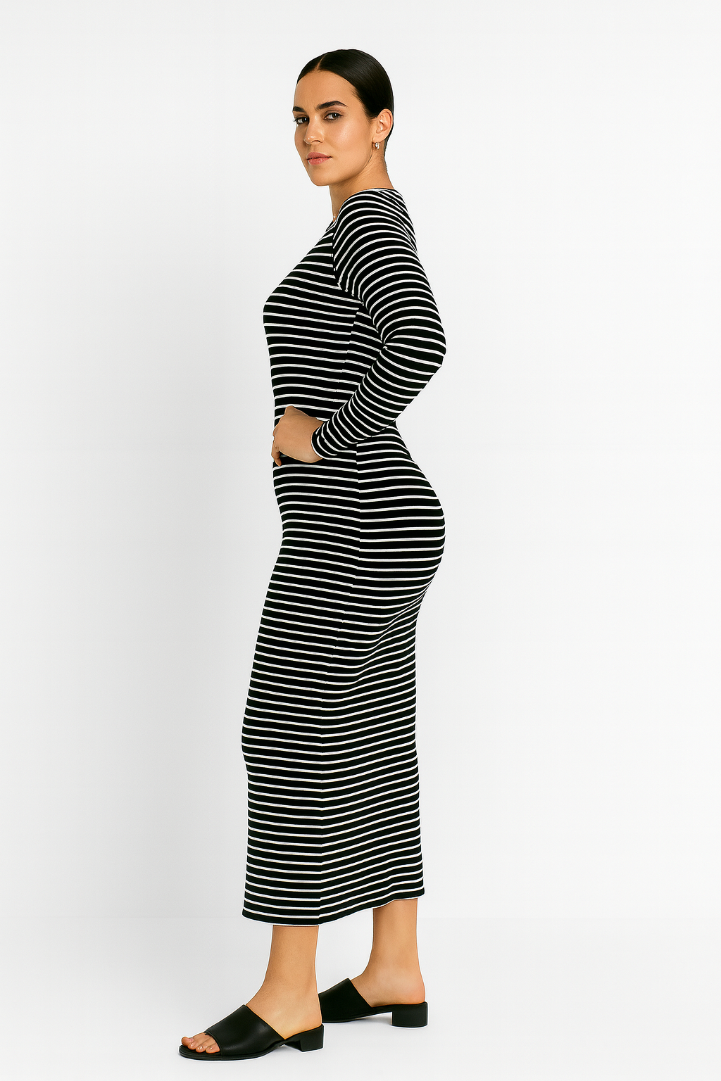 Büyük Beden Uzun Kollu Fitilli Elbise - Siyah Beyaz Çizgili