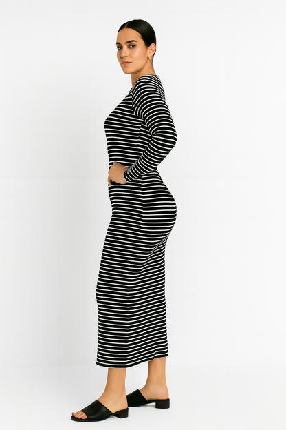 Büyük Beden Uzun Kollu Fitilli Elbise - Siyah Beyaz Çizgili