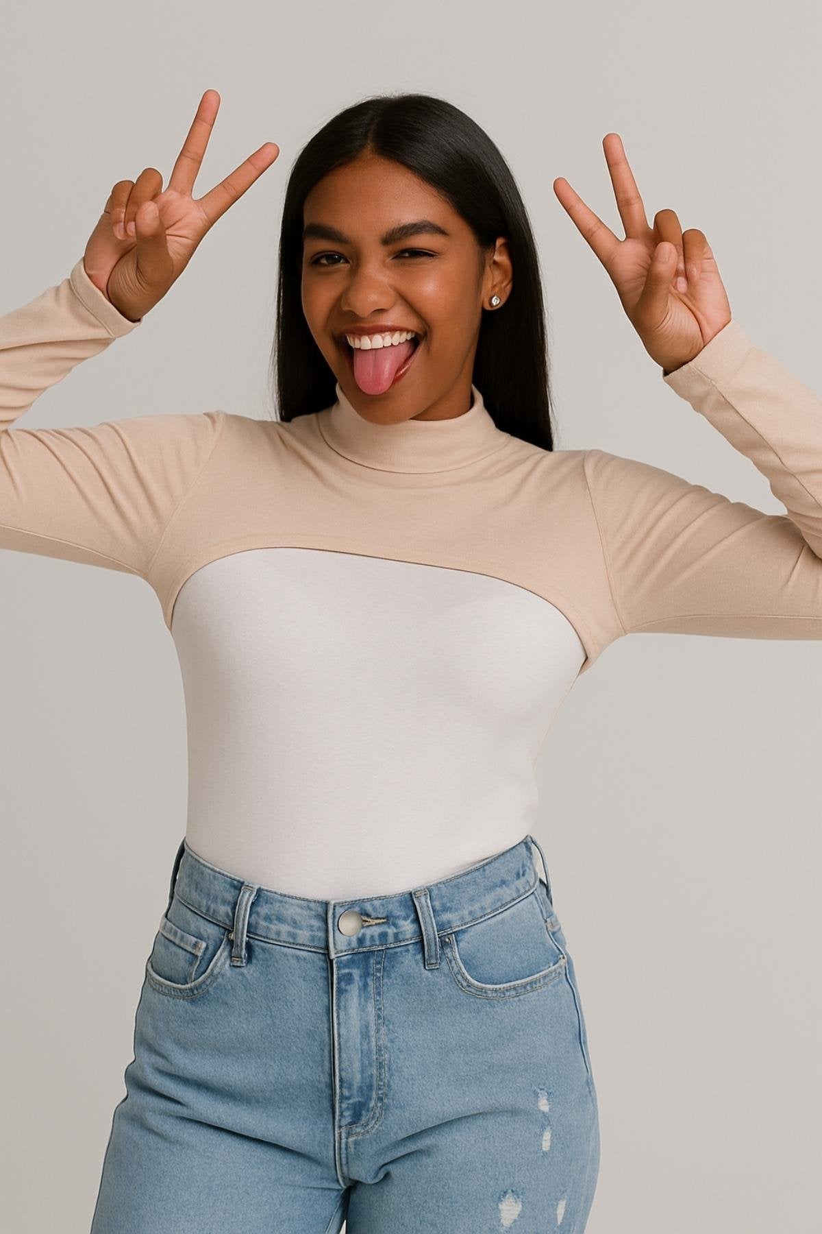 Bej Penye Boyunluklu Kolluk - Ten Rengi