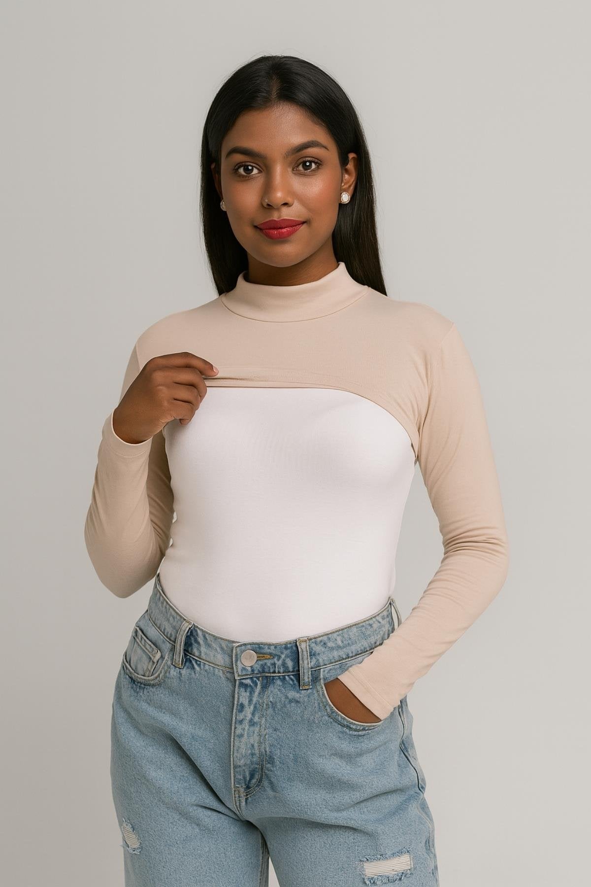 Bej Penye Boyunluklu Kolluk - Ten Rengi